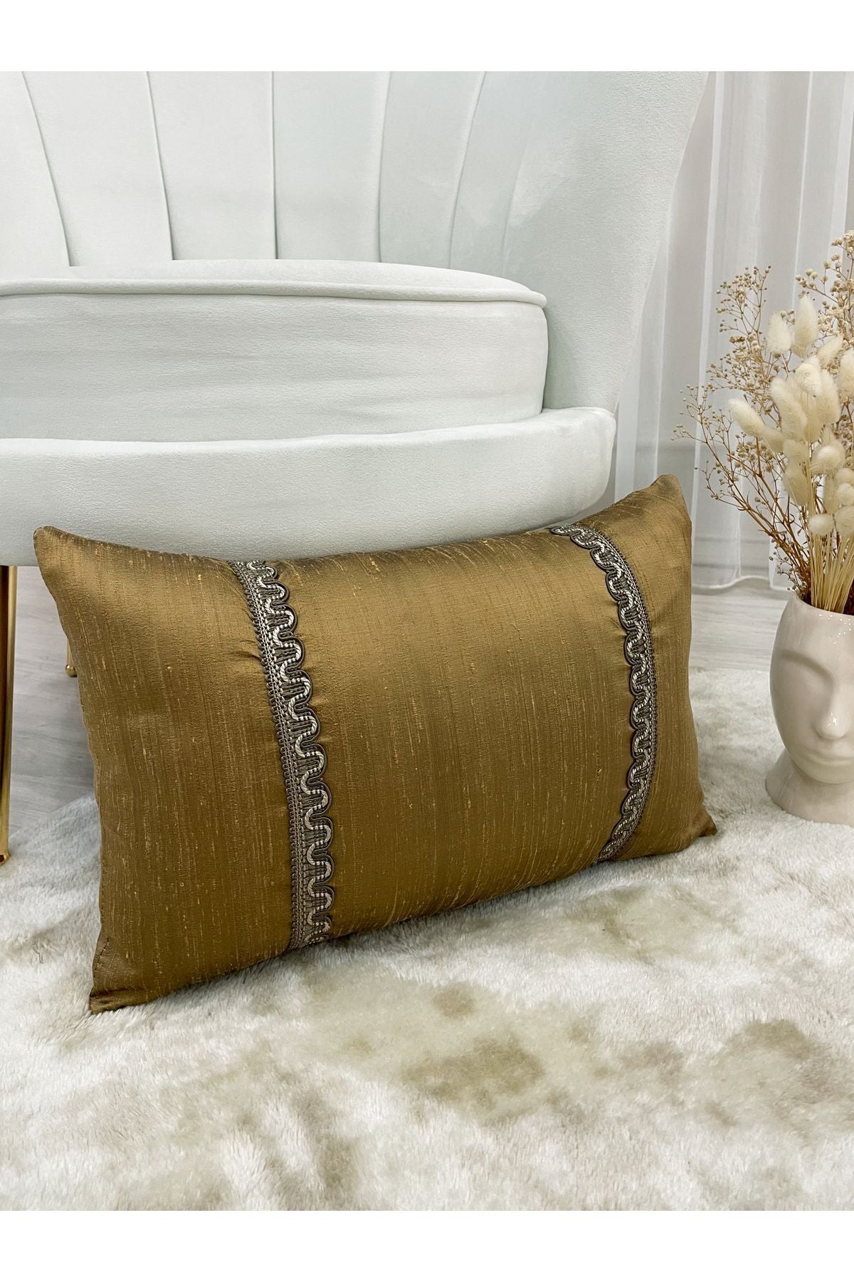 Imported Silk Cushion Pillow Cover with Cord (30x50) (Gold Color) - Premium