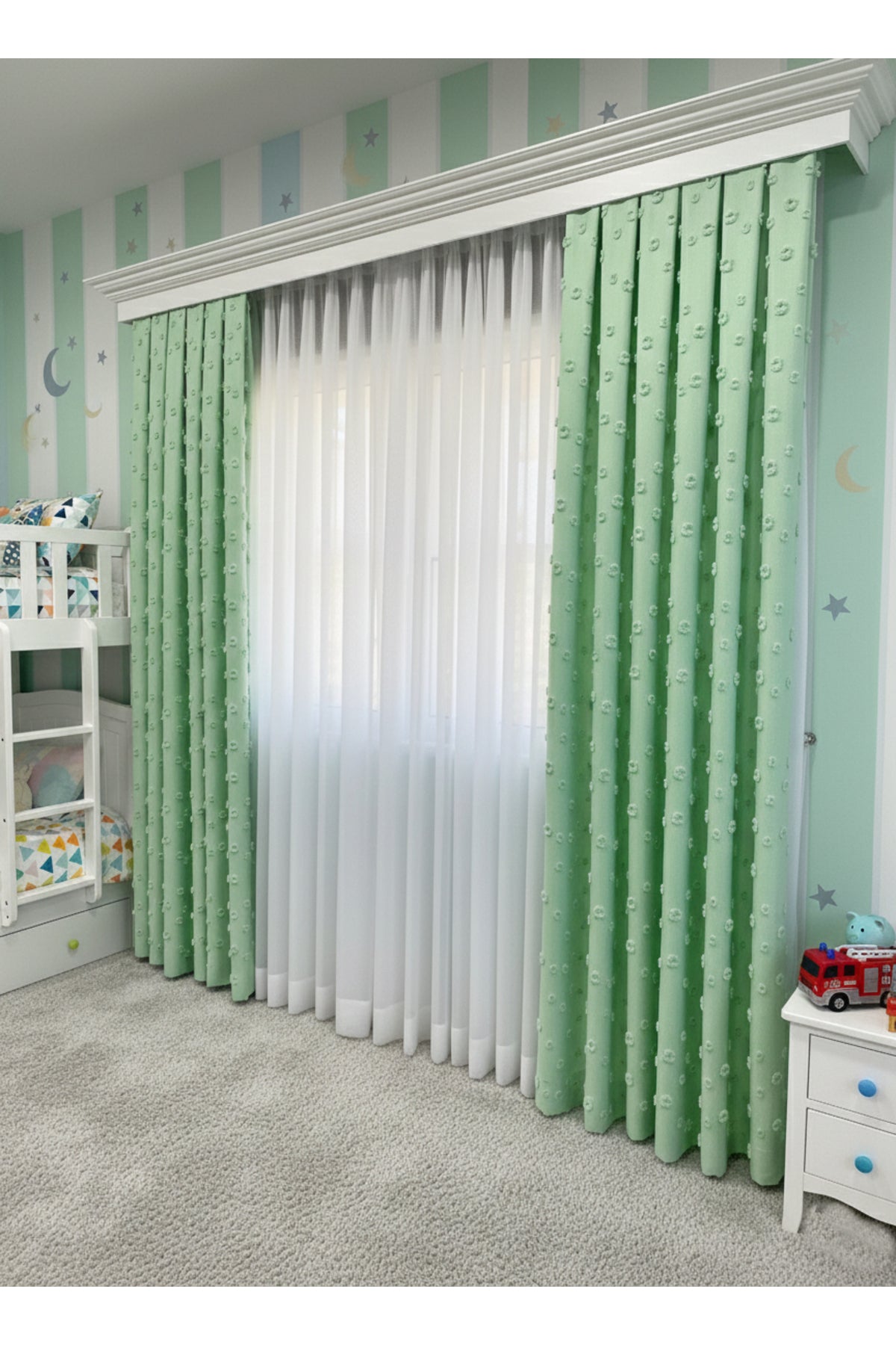 Blue Children's Room Pompom Puffy Blackout Curtain 1/3 Dense Pleating