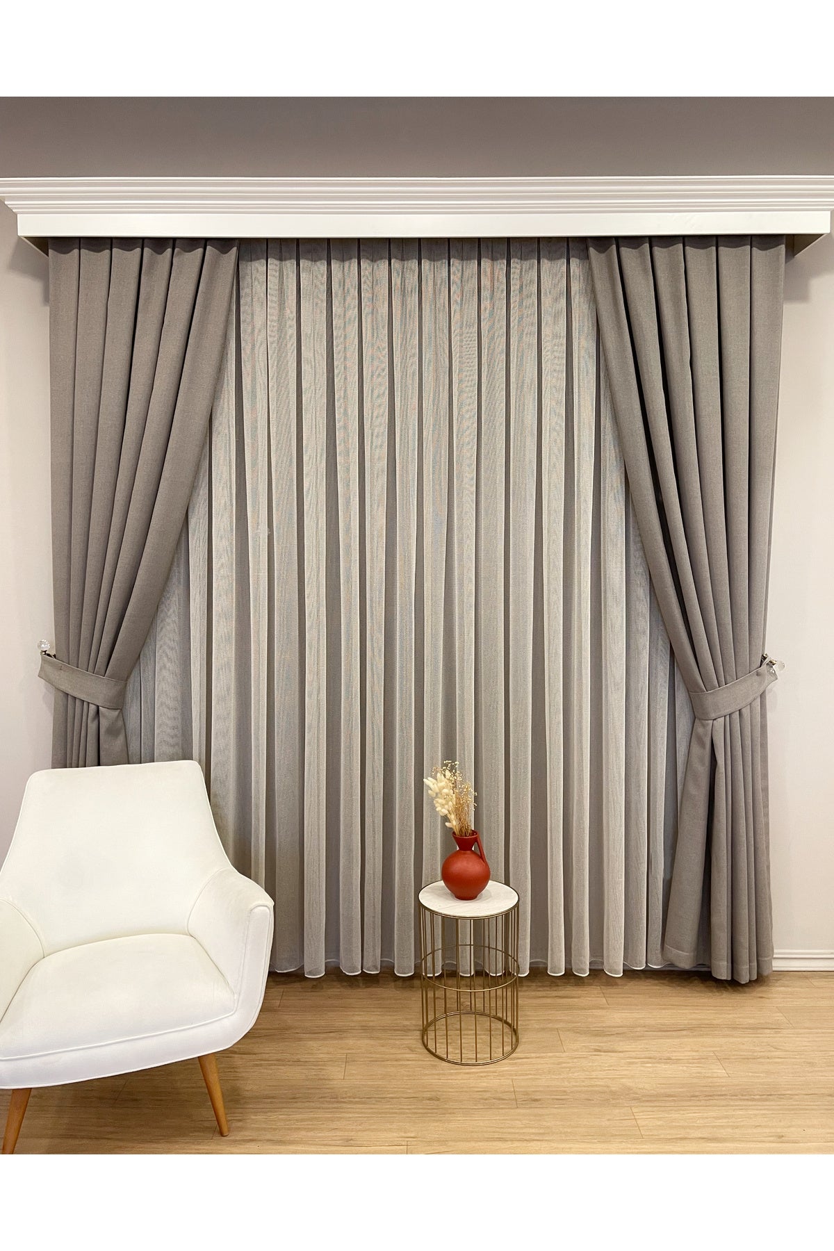 BEIGE-GRAY Modern Textured Knit 1/3 Dense Pleat Sheer Curtain