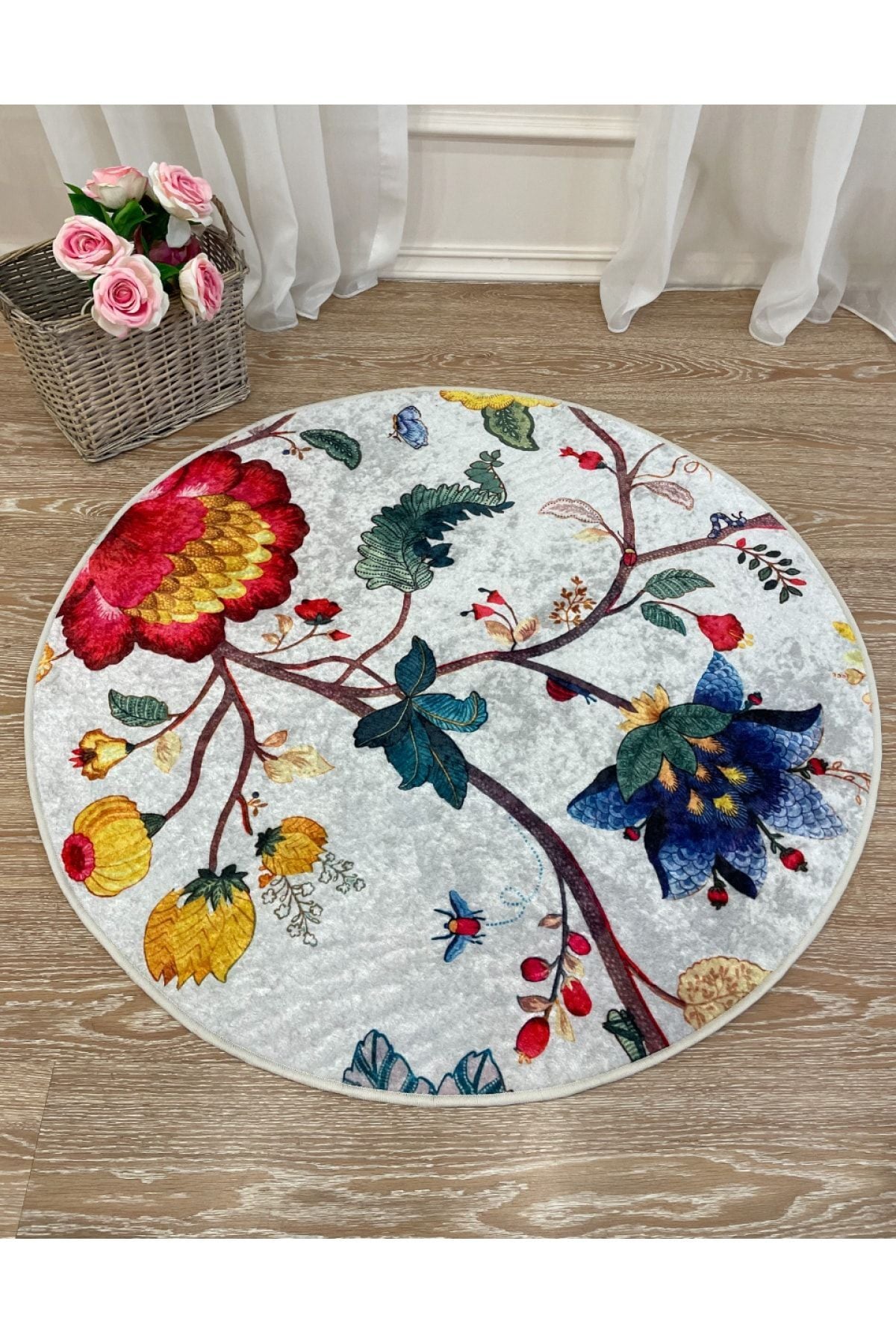 Floral Pattern Decorative Leather-Backed Round Rug - Gray