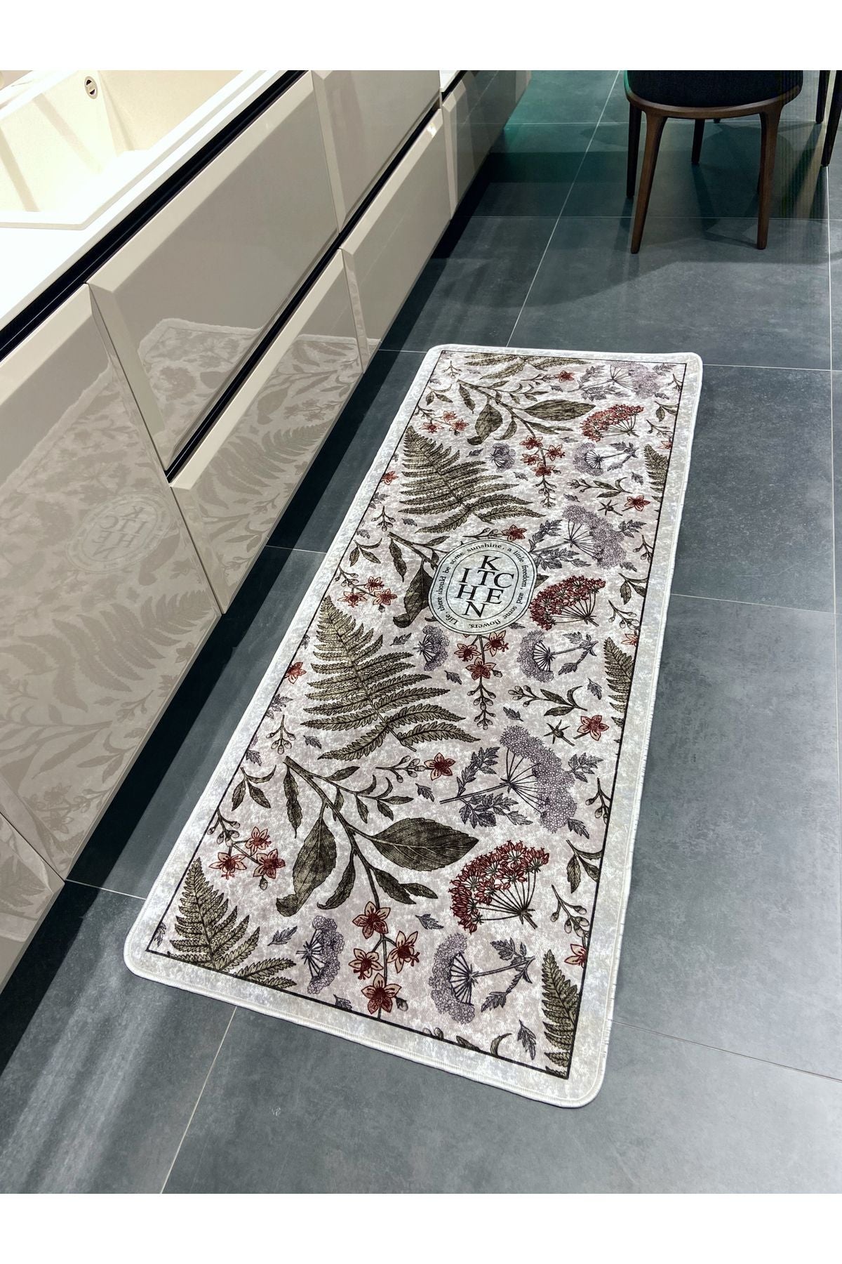 Floral Pattern Latex Leather-Backed Kitchen Rug GRAY