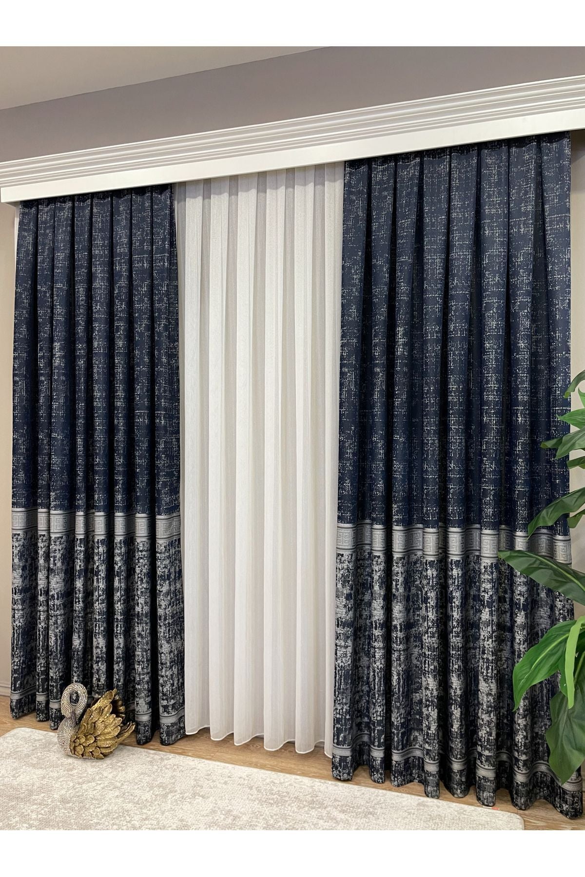 Gray Anthracite Bordered Pattern 1/3 Tight Pleat Jacquard Woven Blackout Curtain