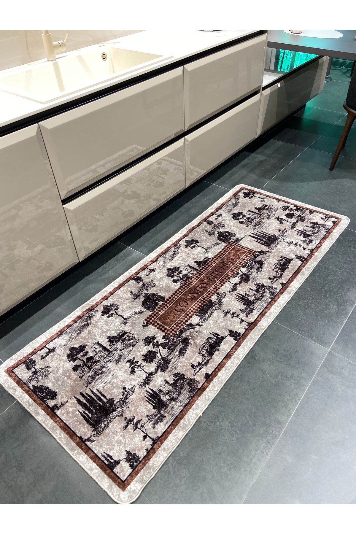 Country Patterned Latex Leather Base Kitchen Rug - Brown