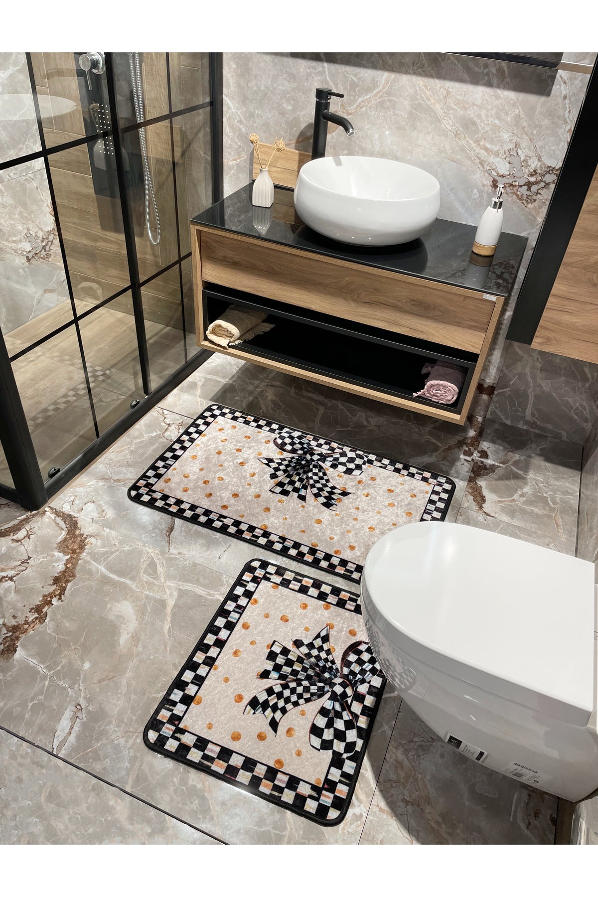 Damalı Kurdela Desenli Banyo Paspası 60X100 - 60X50 - BEJ-SİYAH