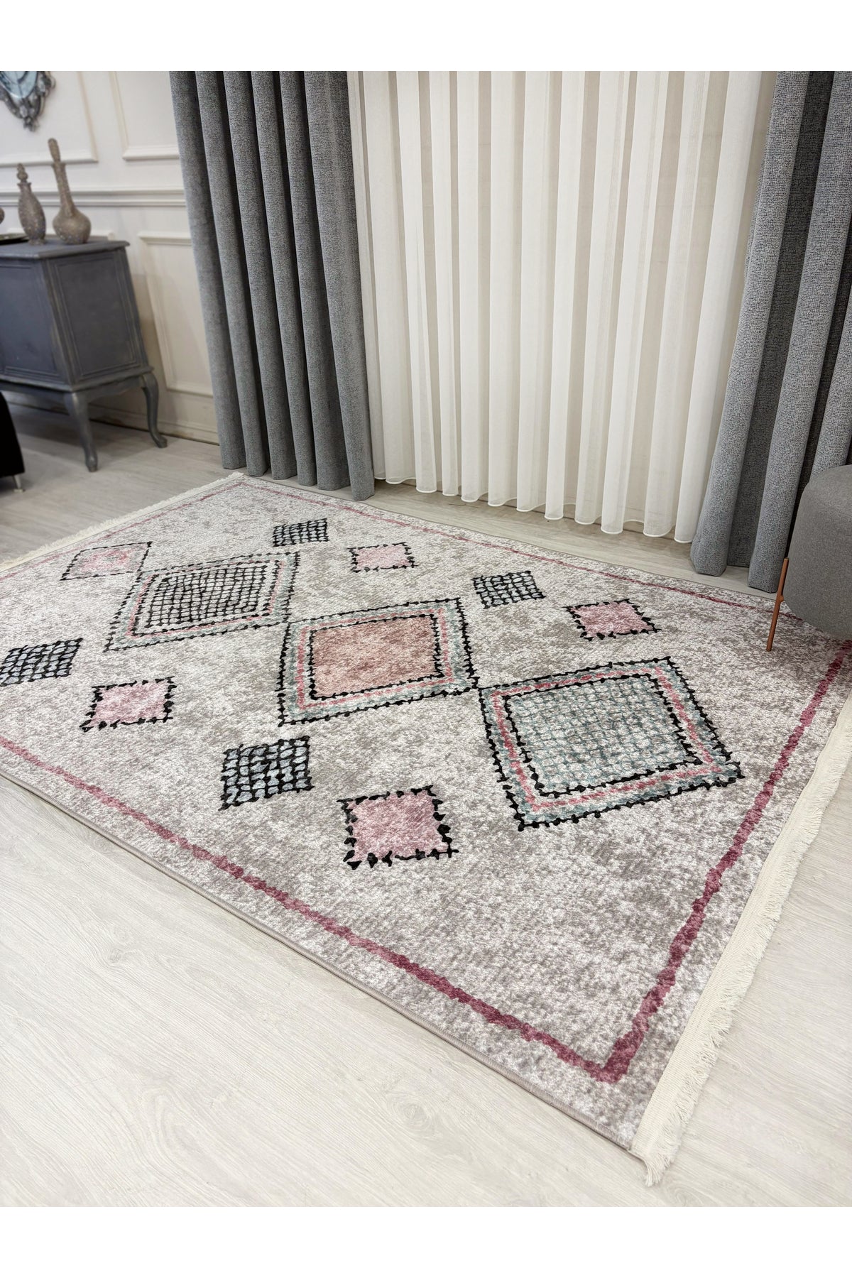 Beige - Powder Pink Ethnic Pattern Latex Non-Slip Base Rug