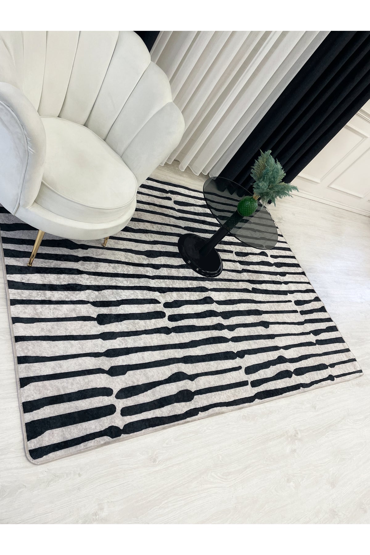 Beige-Black Abstract Look Latex Leather Base Rug