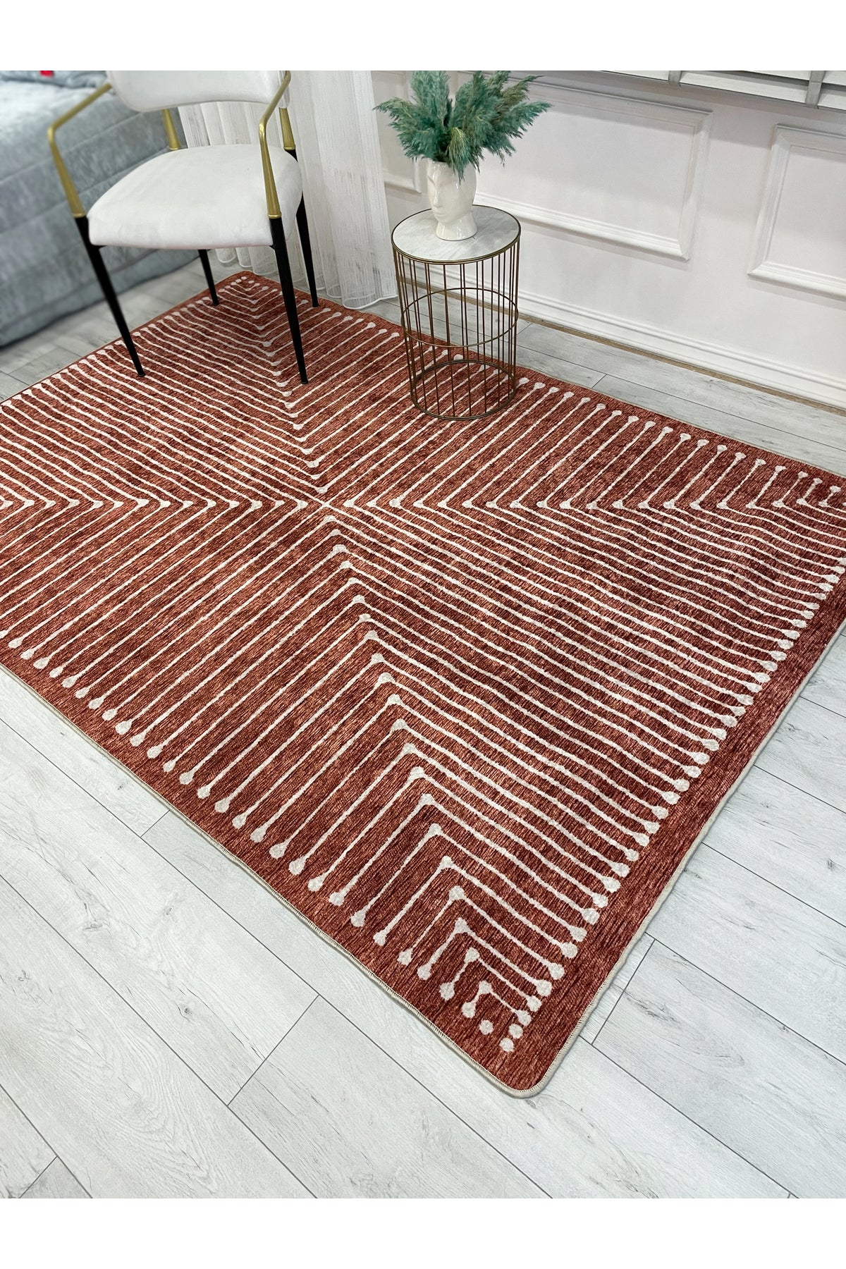 Terracotta Color Chenille-Look Design Runner Kitchen Rug