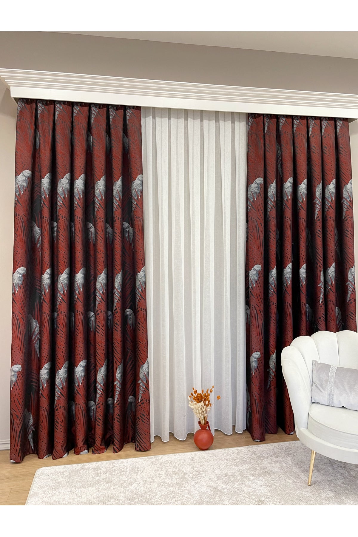 Brown-Navy Blue Bird Patterned 1/3 Dense Pleated Blackout Curtain
