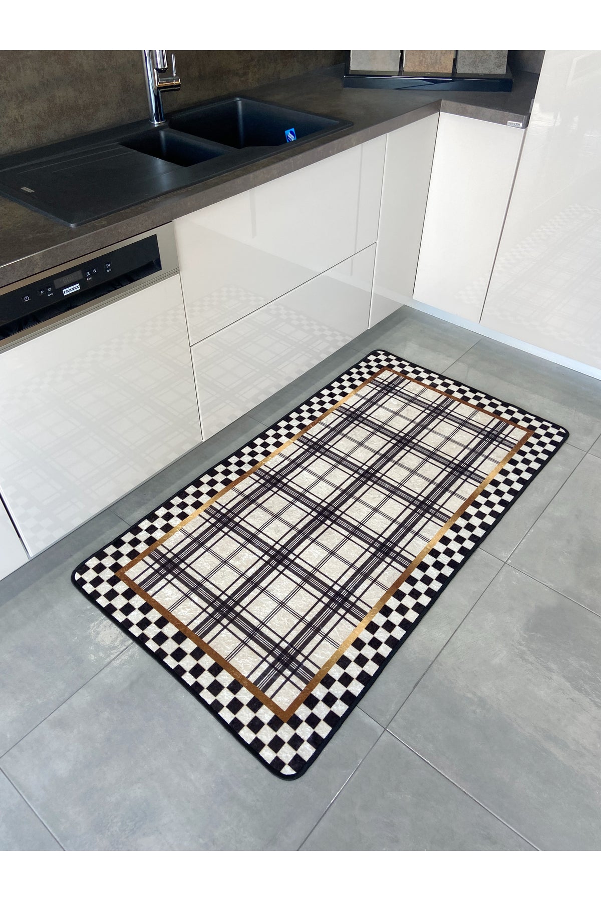 Checkered Plaid Patterned Latex Base Kitchen Rug