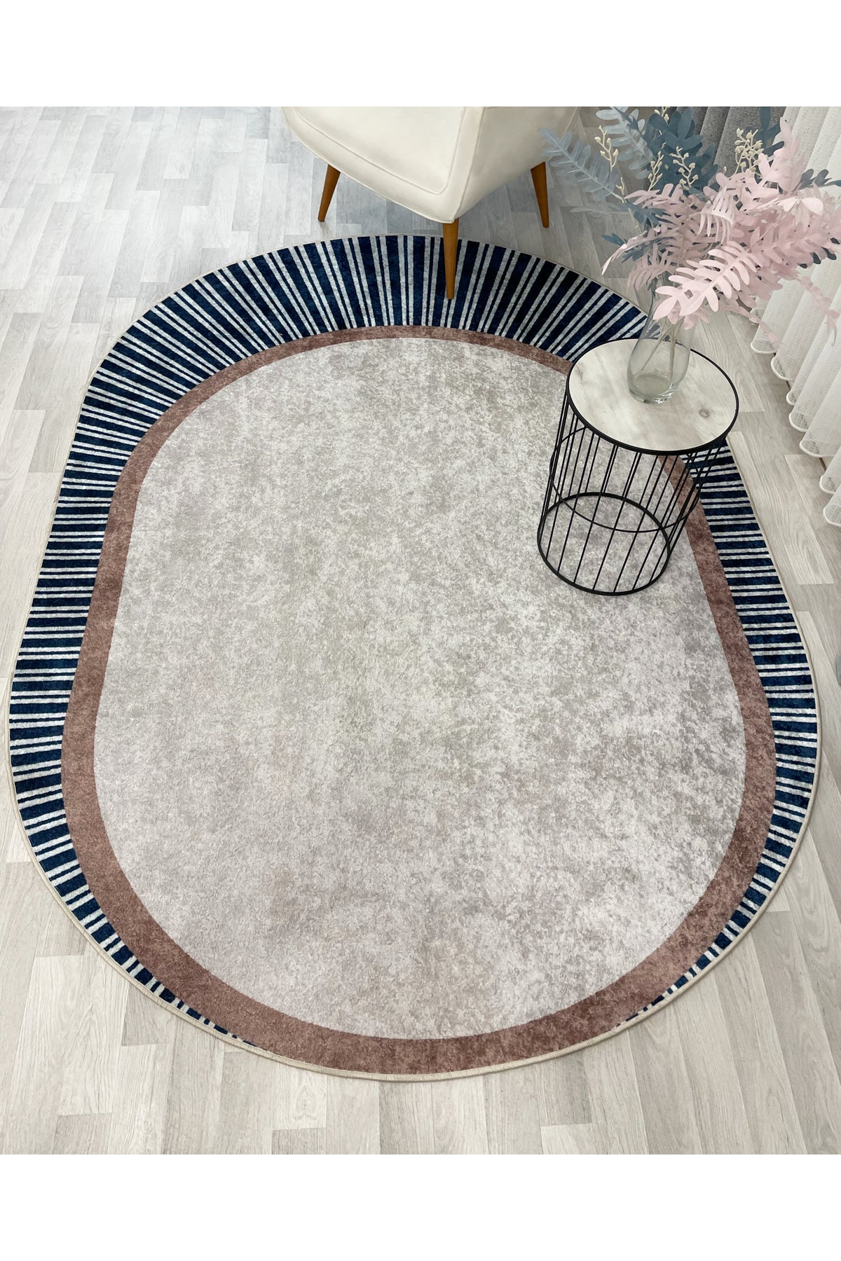 GREEN Striped Oval Non-Slip Base Rug