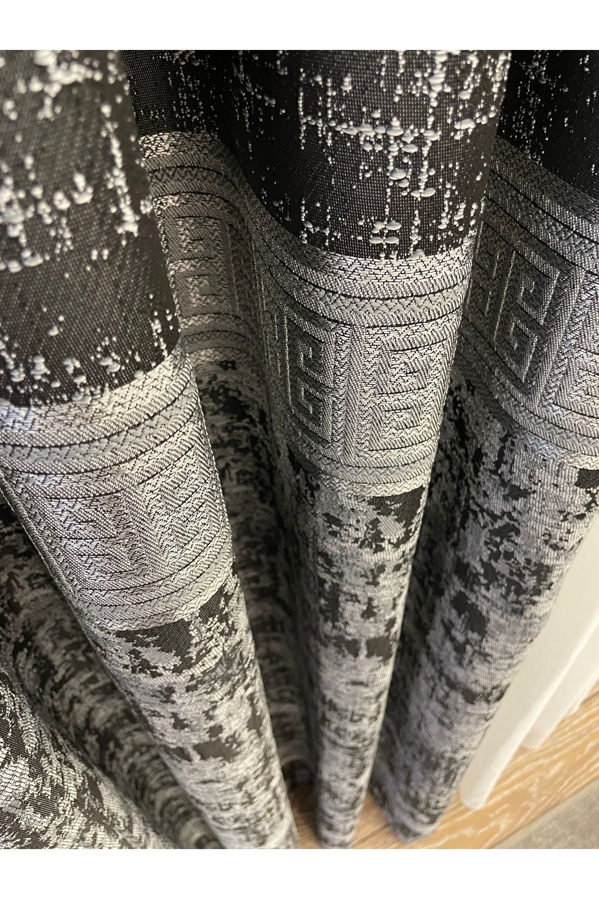 Gray Anthracite Bordered Pattern 1/3 Tight Pleat Jacquard Woven Blackout Curtain