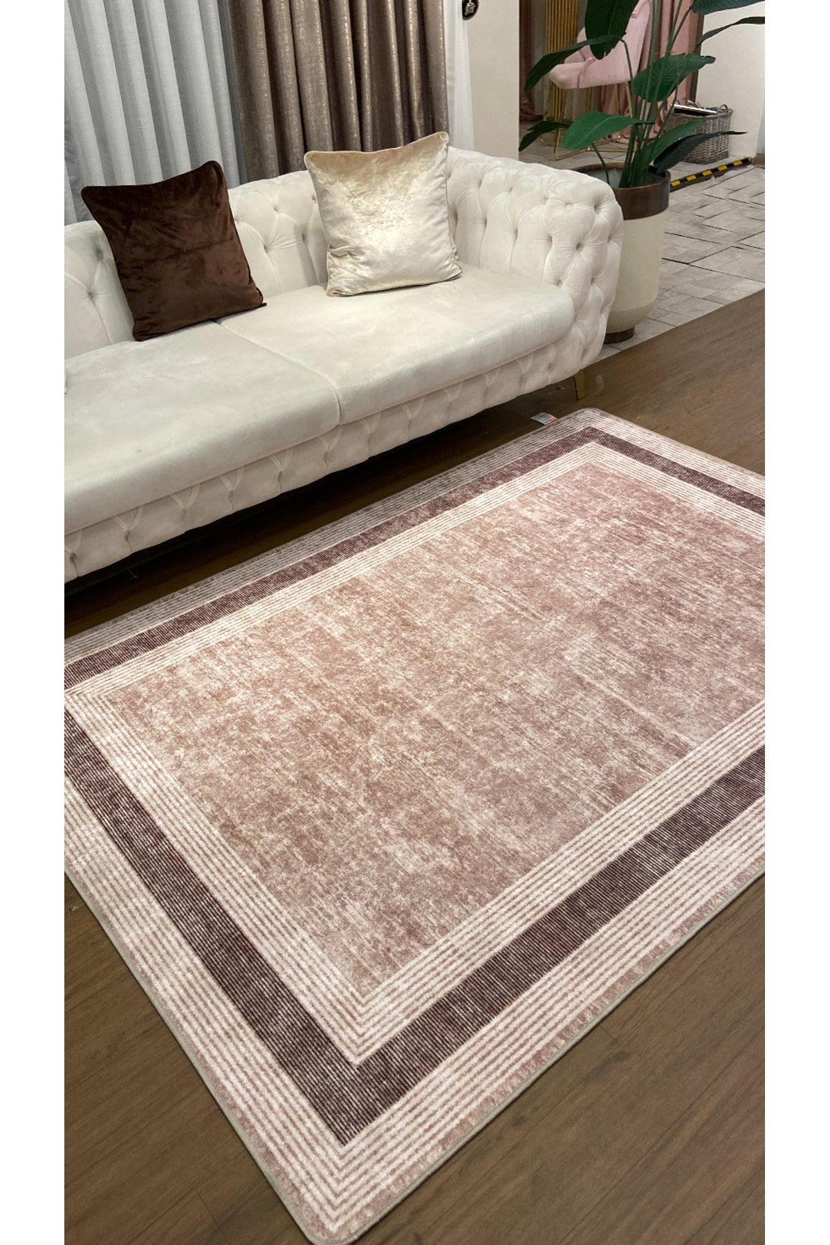 Light Gray Bordered Pattern Latex Leather-Backed Rug