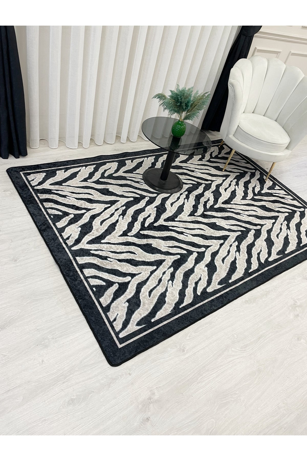 Black Beige Fluffy Look Latex Leather Base Rug