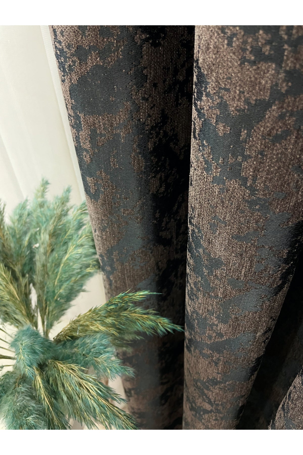 Brown-Navy Blue Chenille Pattern Jacquard 1/3 Dense Pleated Jacquard Blackout Curtain
