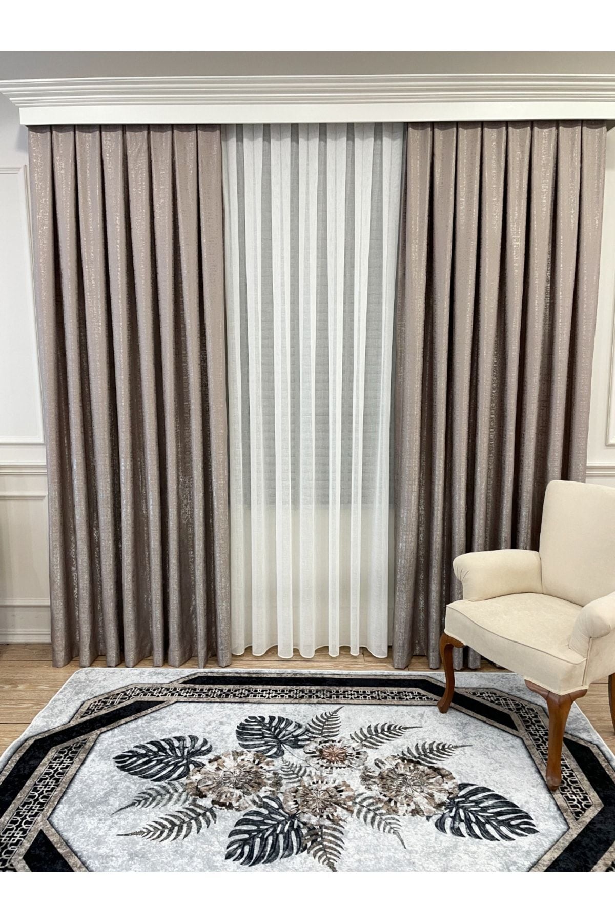 Jacquard Ground Foil Print 1/3 Dense Pleat Blackout Curtain - Beige - Gold Foil