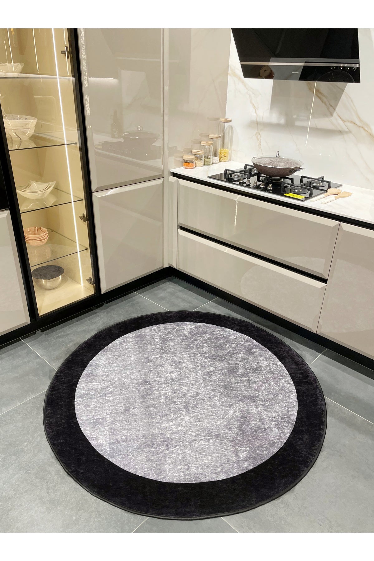 Geometric Striped Latex Leather Backing Fringeless Kitchen Rug - Gray