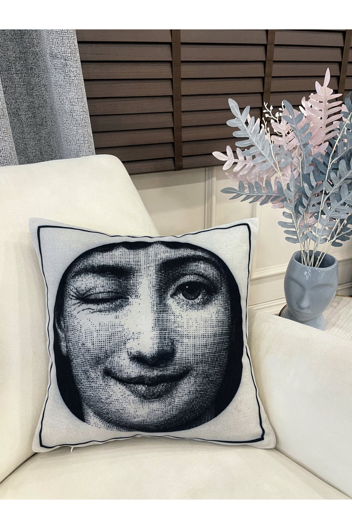 Light Gray Fornasetti Lina Cavalieri Face-Themed Throw Pillow Cover 45x45