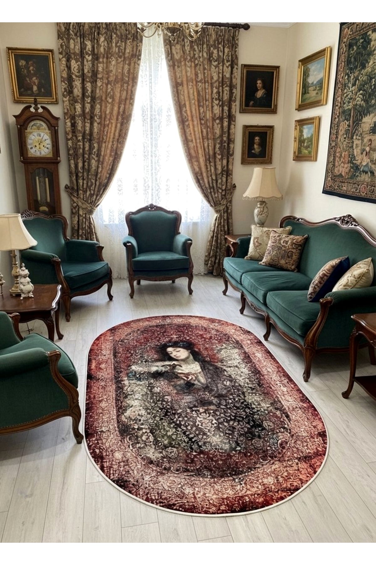 Brown-Red Distressed Vintage Ethnic Patterned Oval Latex Base Rug