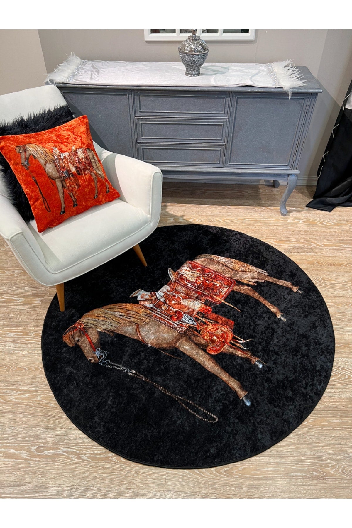 Horse Pattern Latex-Backed Round Rug