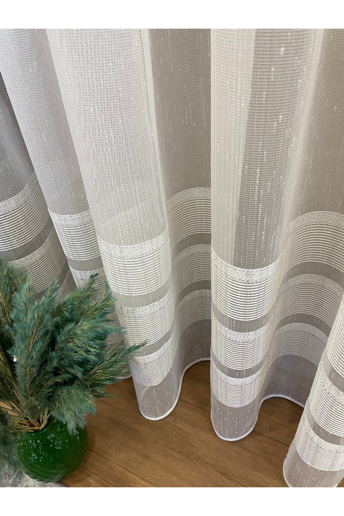 Modern Shantung Banded 1/3 Dense Pleat - Ecru/Gray Sheer Curtain