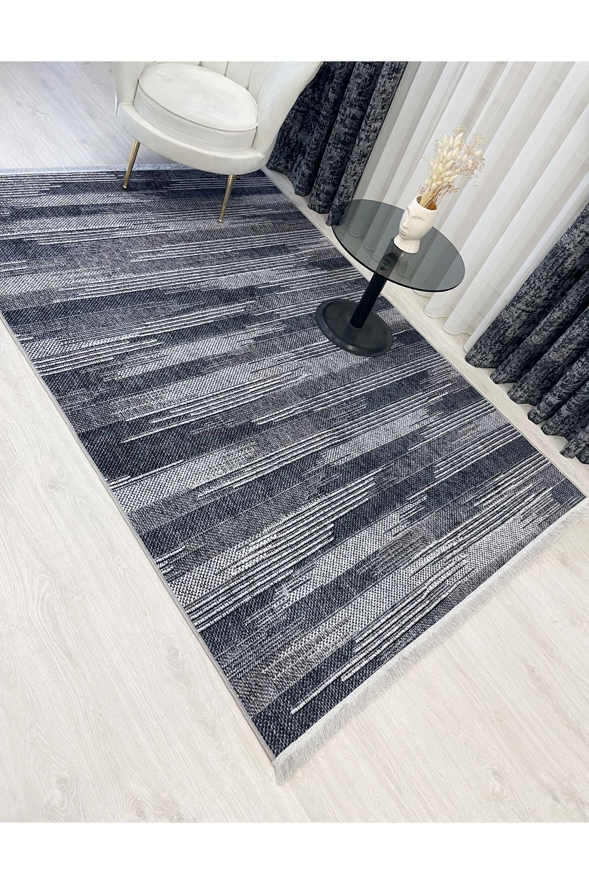 Modern Striped Patterned Fringed Latex Leather Base Rug
