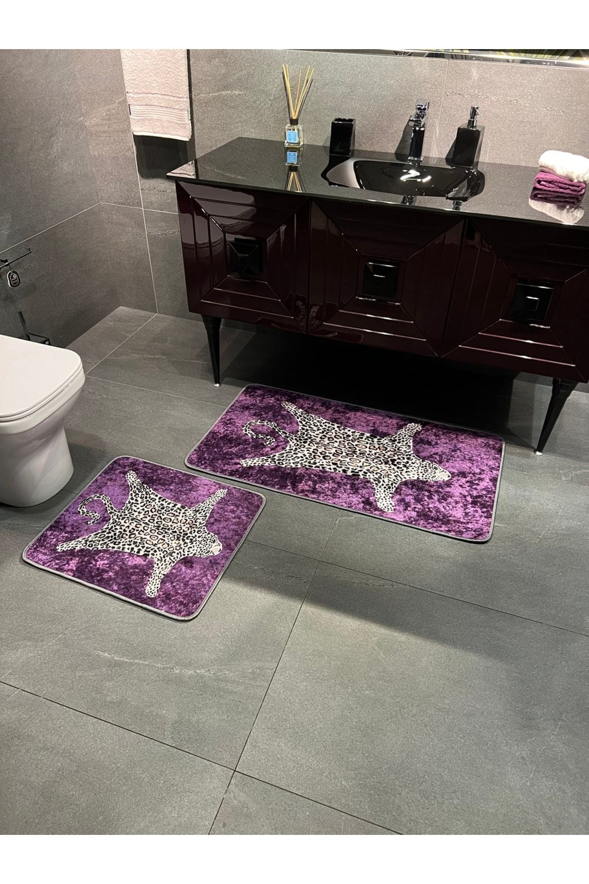 Set of 2 Leopard Print 60x100 - 60x50 Bathroom Rugs - Fuchsia