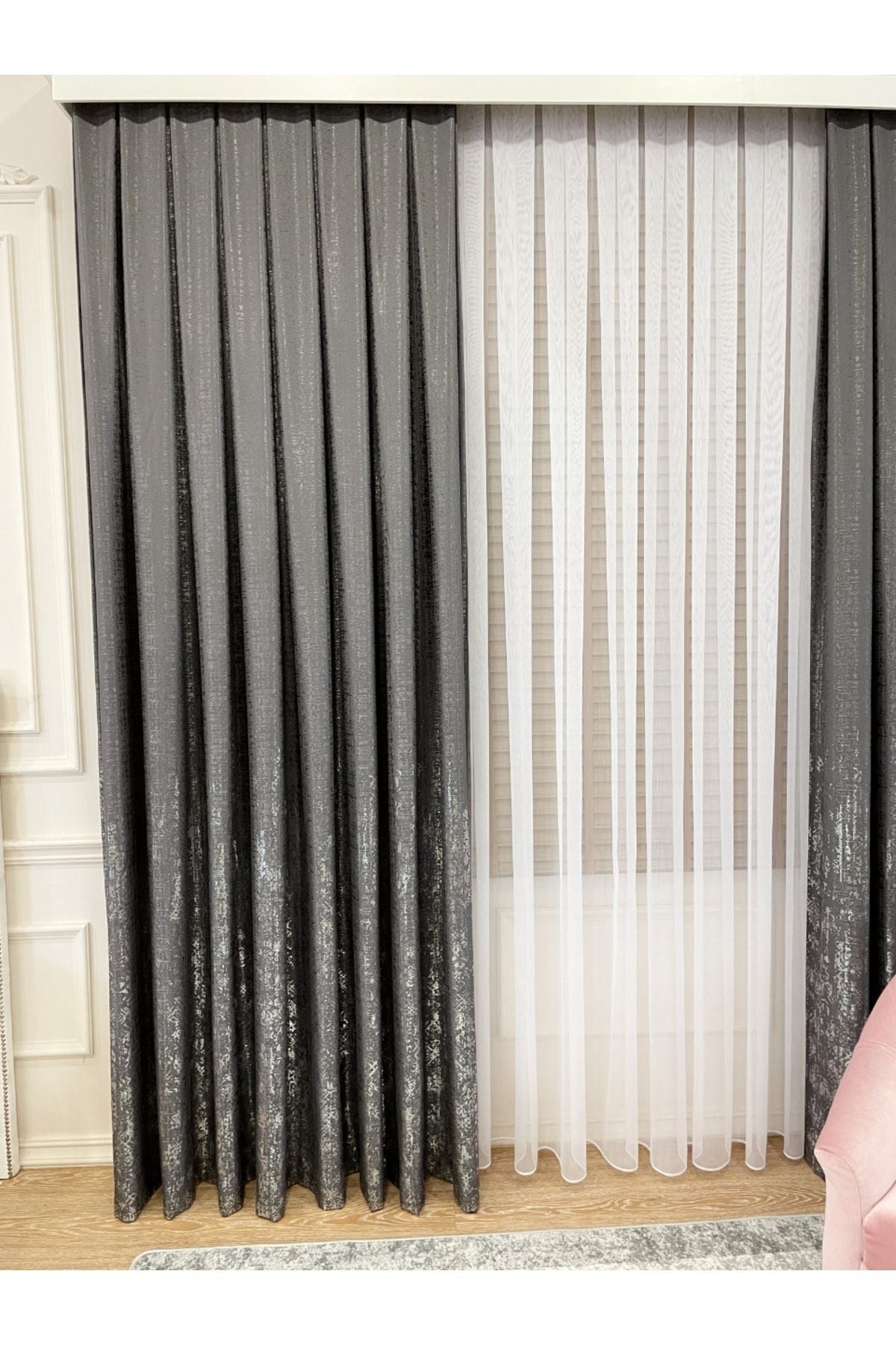 Jacquard Ground Foil Print 1/3 Dense Pleat Blackout Curtain - Beige - Gold Foil