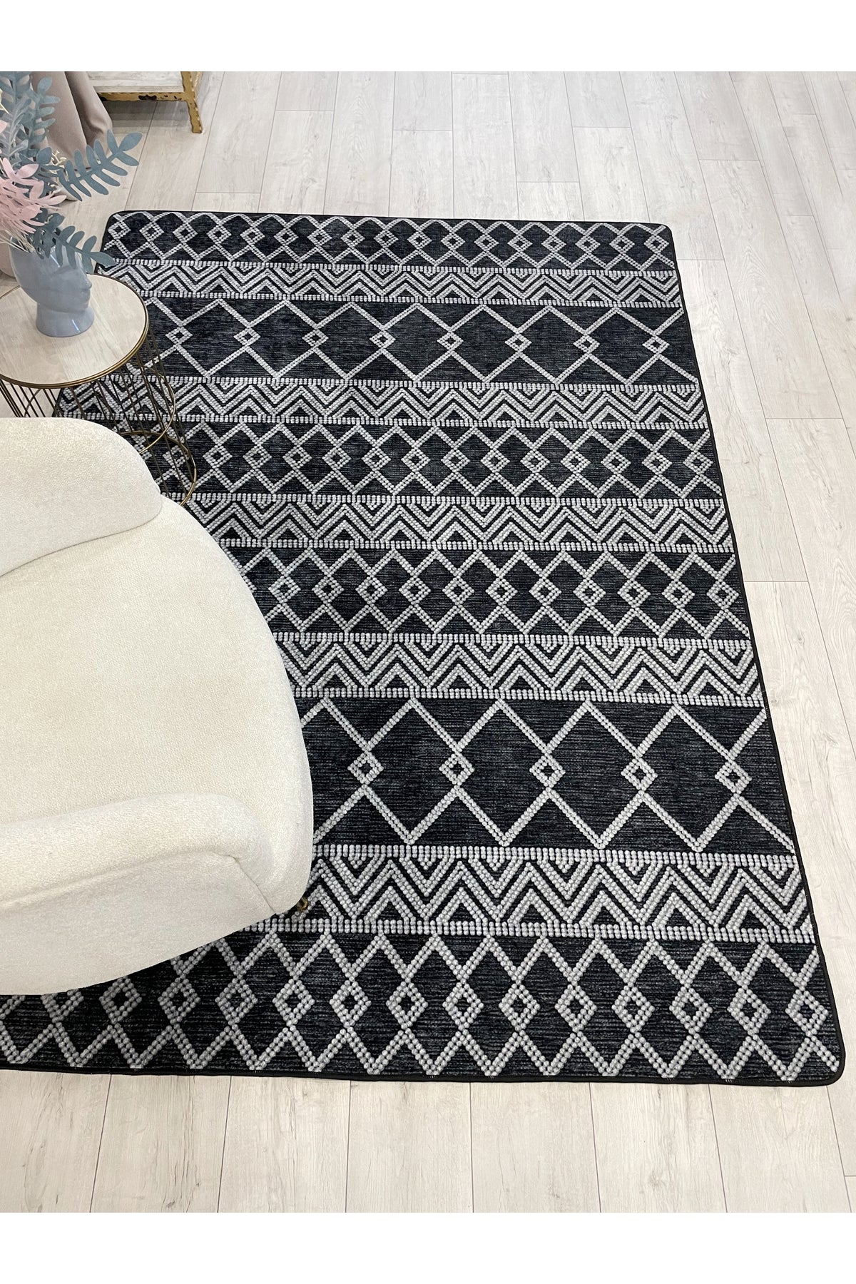 Gray Black Scandinavian Style Kilim Pattern Runner Latex Rug
