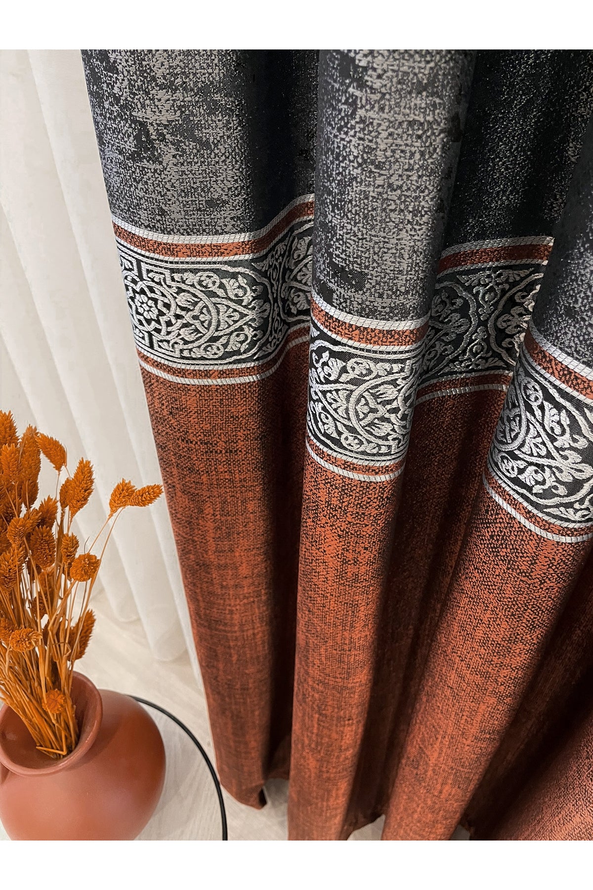 Brown 1/3 Dense Pleated Bordered Pattern Soft-Textured Jacquard Blackout Curtain
