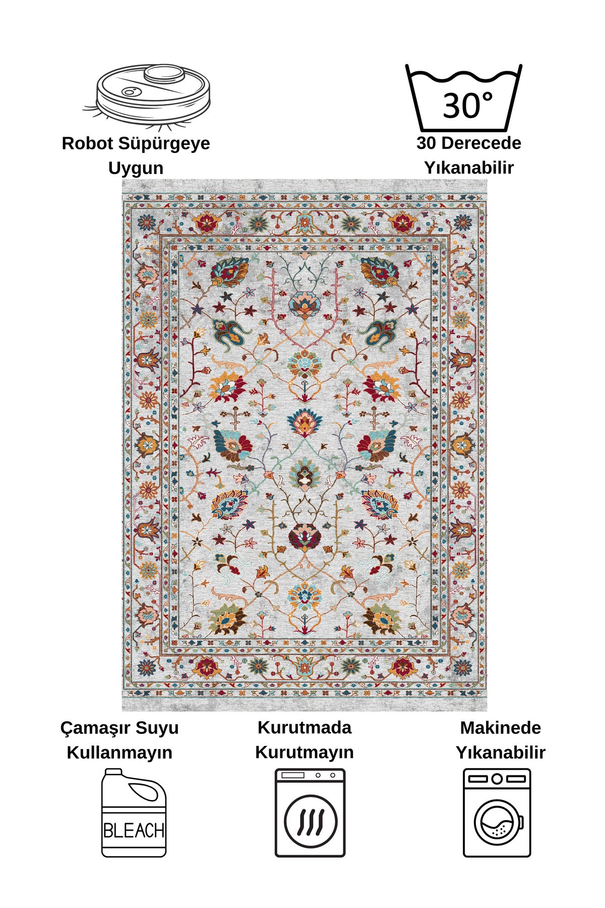 Gray Vintage Floral Latex Non-Slip Base Rug