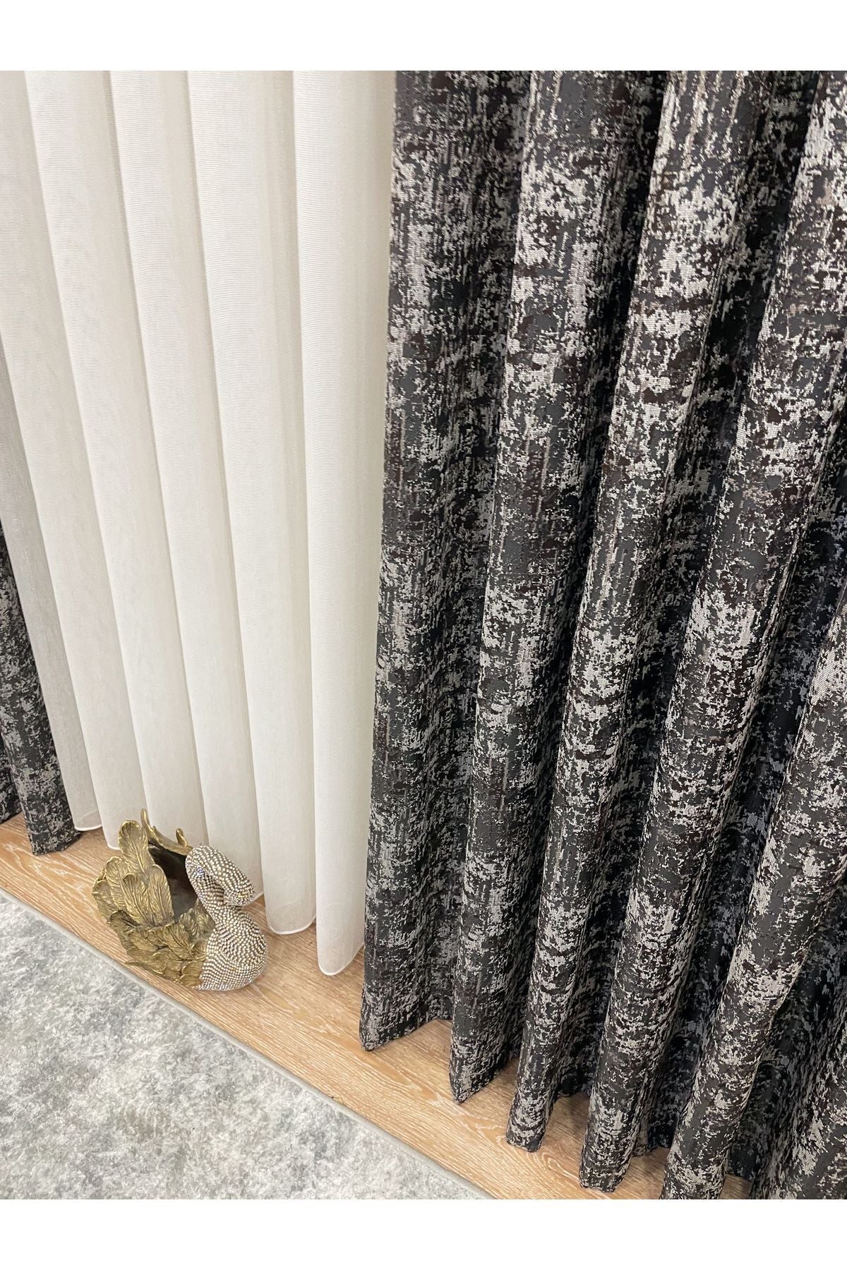 Orange - Brown Abstract Pattern 1/3 Tight Pleat Jacquard Woven Blackout Curtain