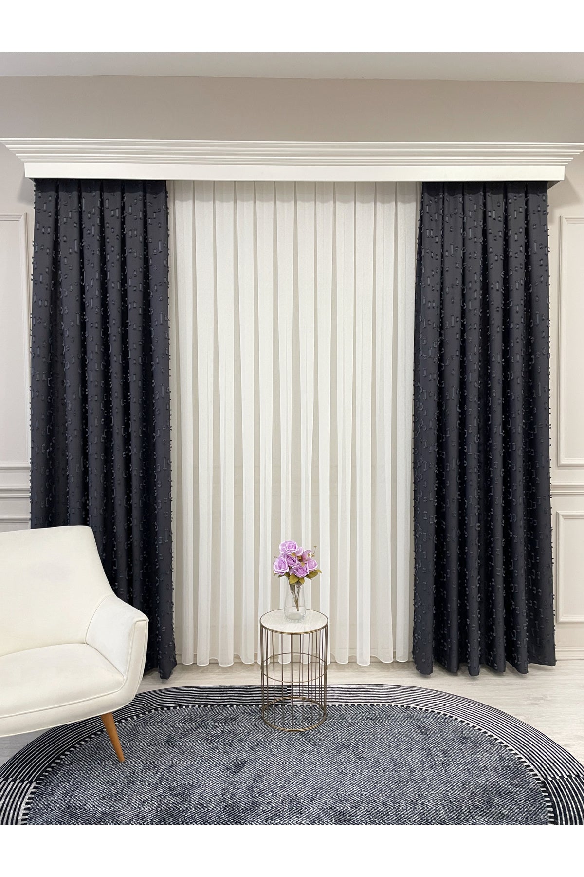 Indigo Blue Pompom Puffy Blackout Curtain 1/3 Dense Pleat