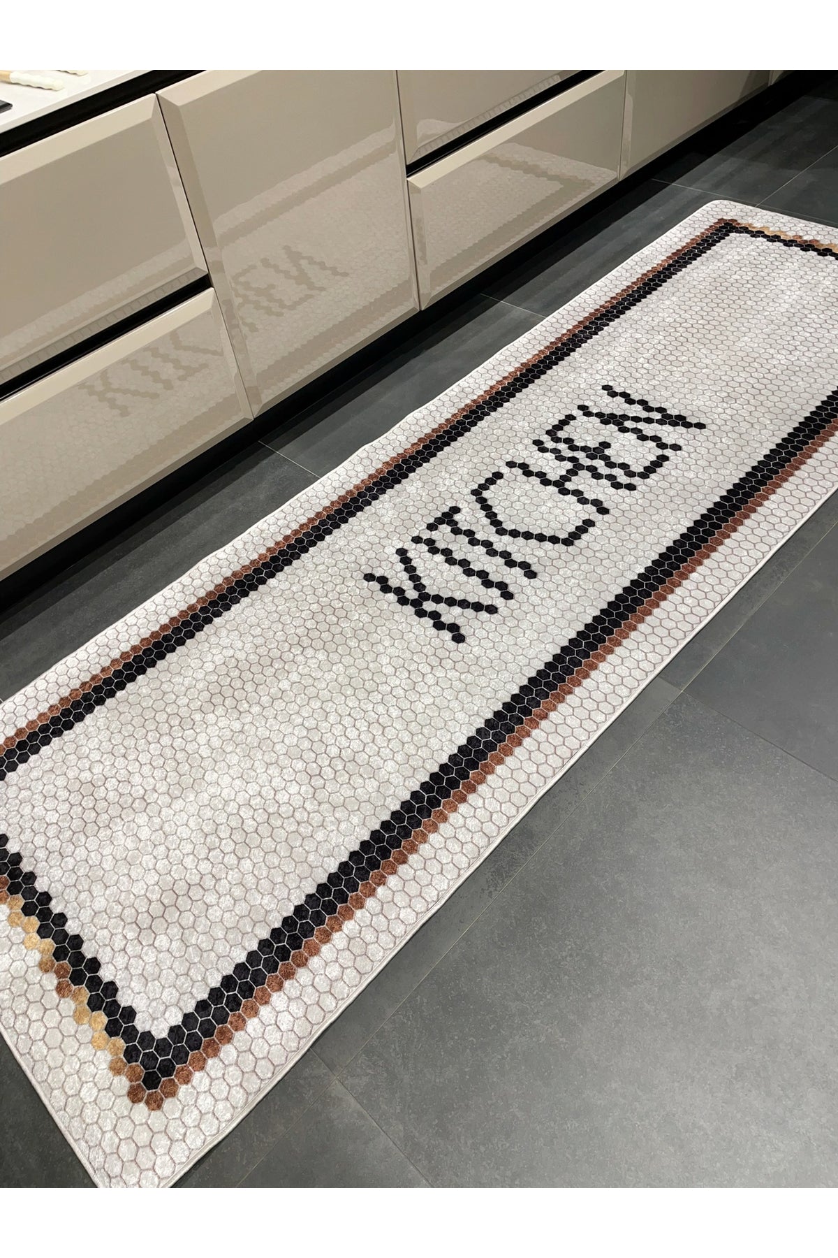 Kitchen Honeycomb Ecru Kitchen Runner Rug