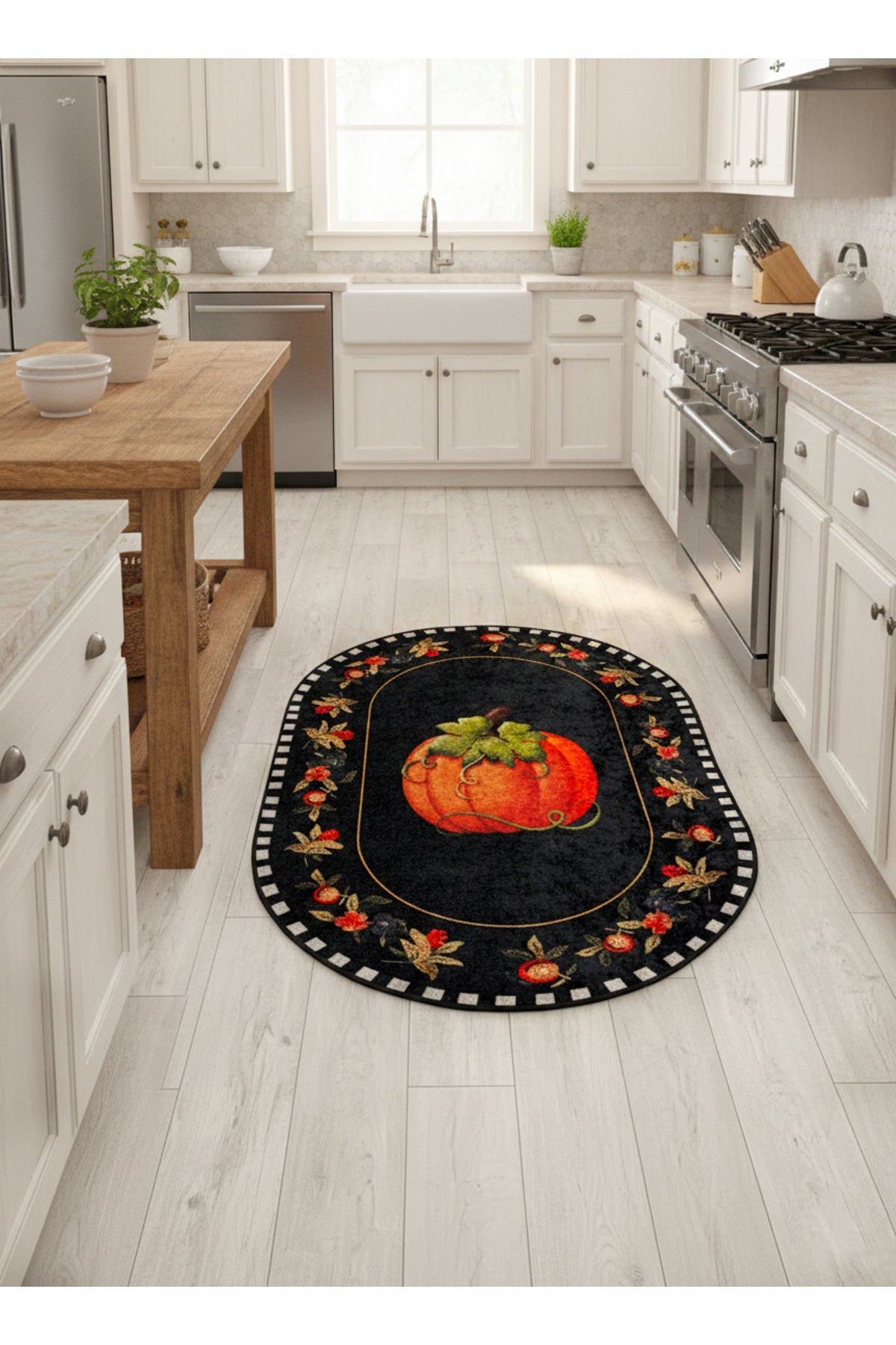Pumpkin Pattern Bordered Oval Kitchen Rug