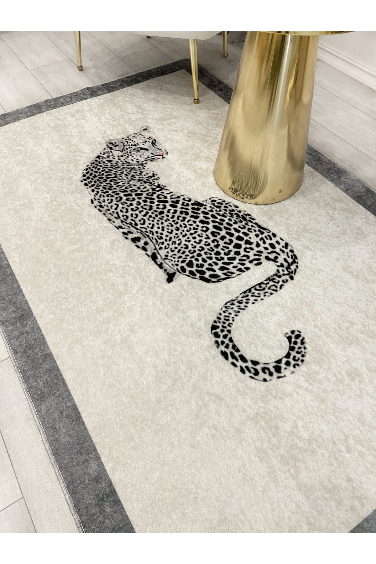 Leopard Pattern Cream Gray Border Latex Leather Base Rug