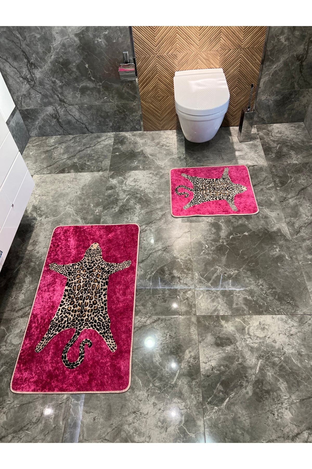 Set of 2 Leopard Print 60x100 - 60x50 Bathroom Rugs - Fuchsia