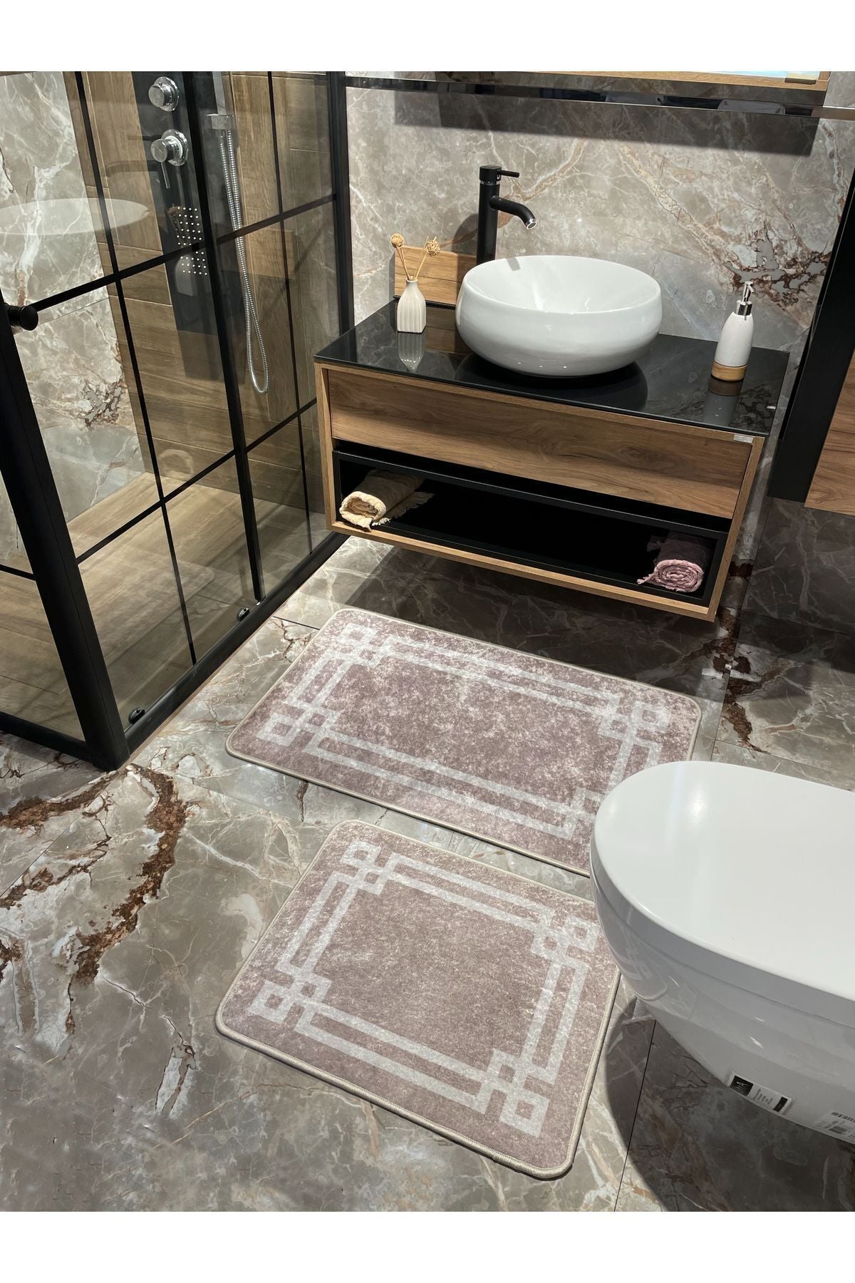 Latex Base (60X100 - 60X50) Double Bath Mat Set - MINK BROWN