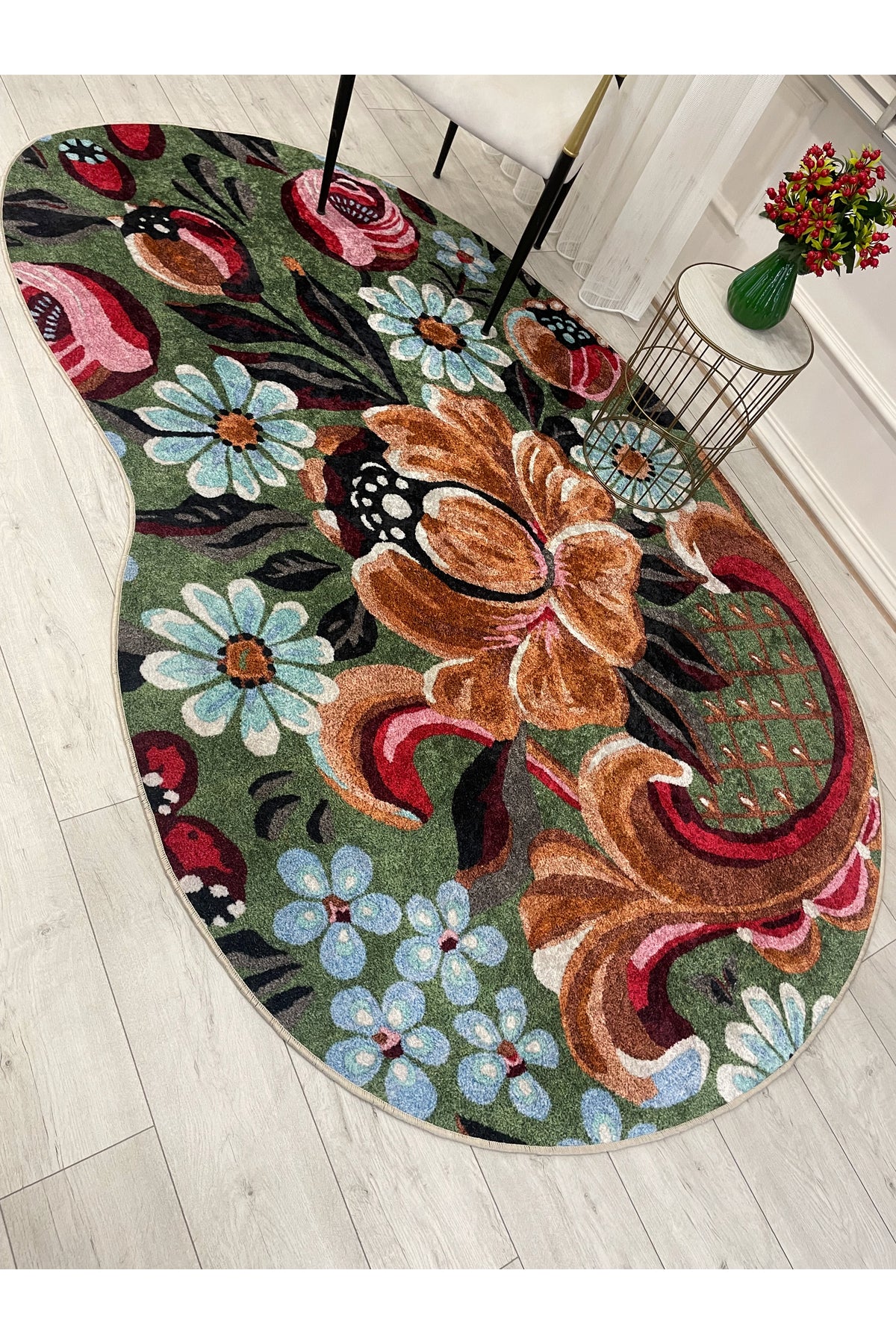 Green Floral Pattern Latex Base Rug