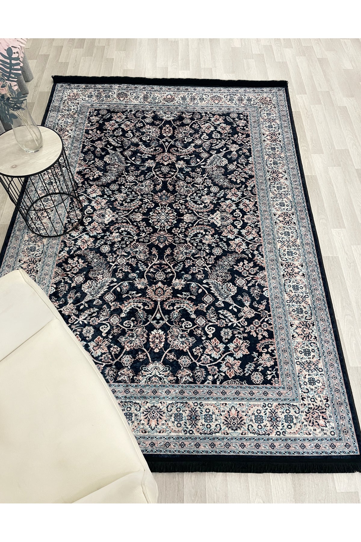 NAVY BLUE Traditional Motif FRINGED Classic Non-Slip Base Rug