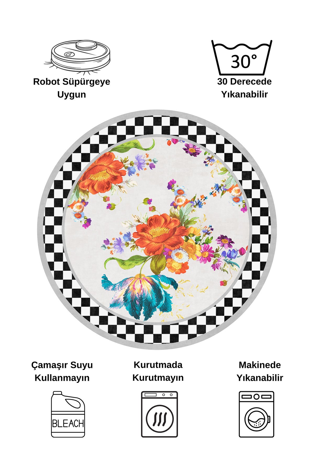 Gray Floral Checkered Round Latex Base Fringeless Rug