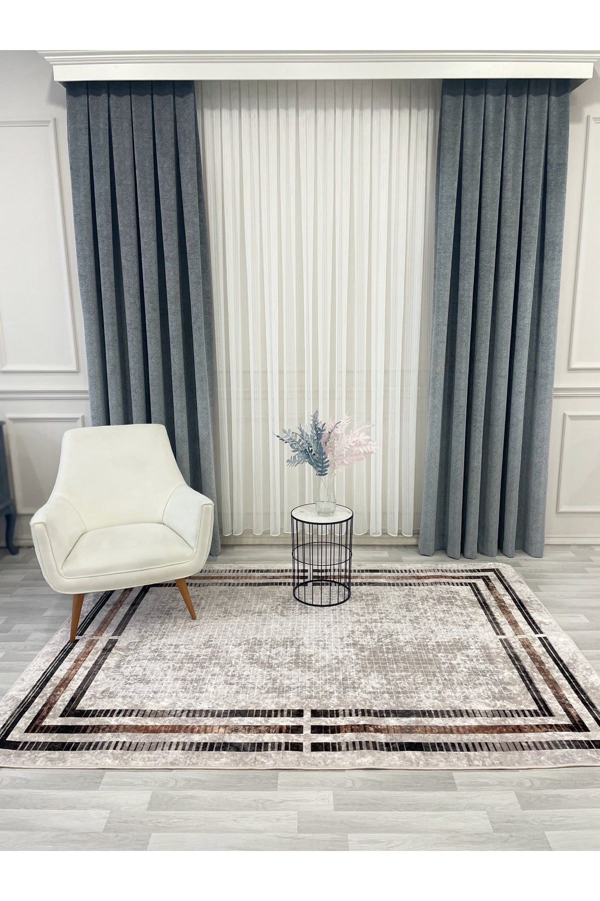 BEIGE Striped Bordered Non-Slip Base Framed Rug