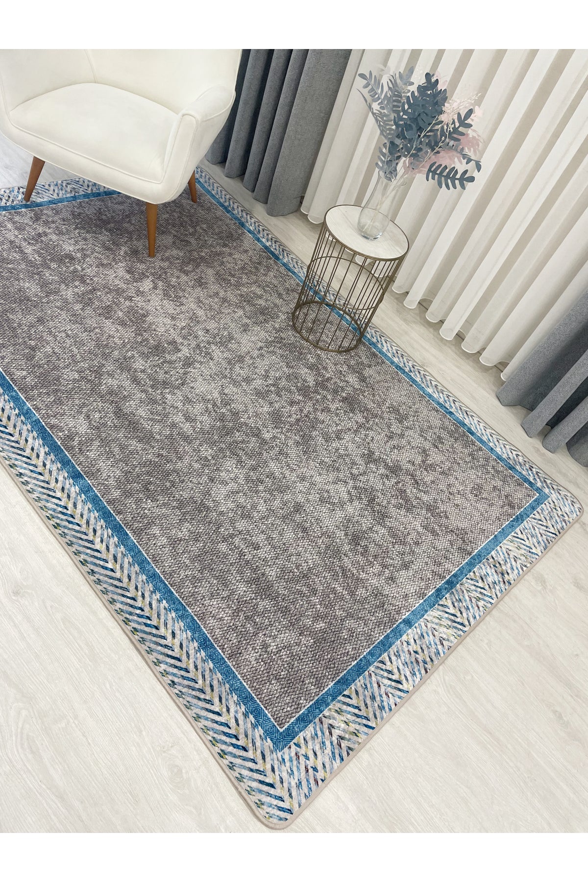 Blue Bordered Wicker-Look Non-Slip Base Rug