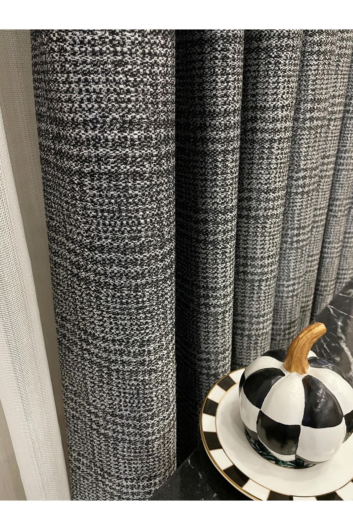 Panel Pattern Jacquard 1/3 Dense Pleat Blackout Curtain - Bottom: Mustard-Navy / Top: Gray