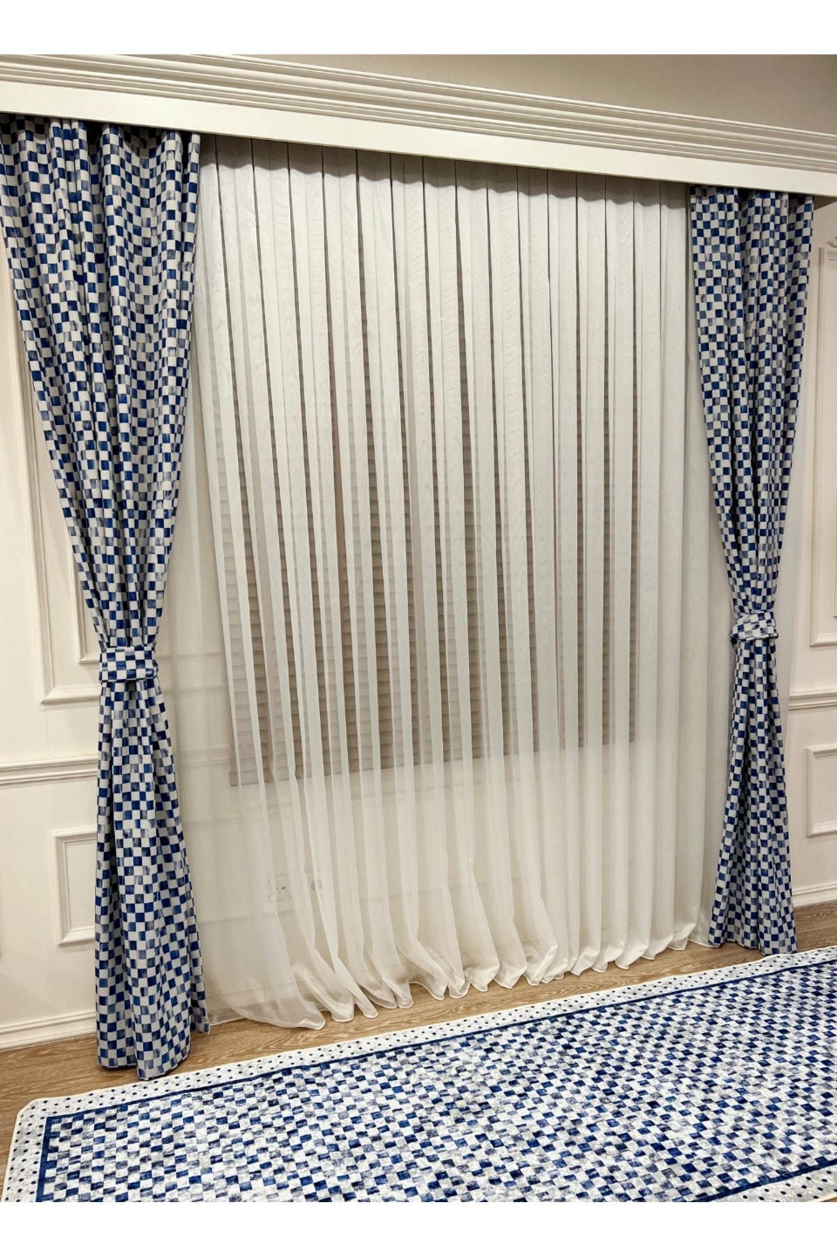 No-Pleat Extra-Reinforced Checkered Blackout Curtain - Blue