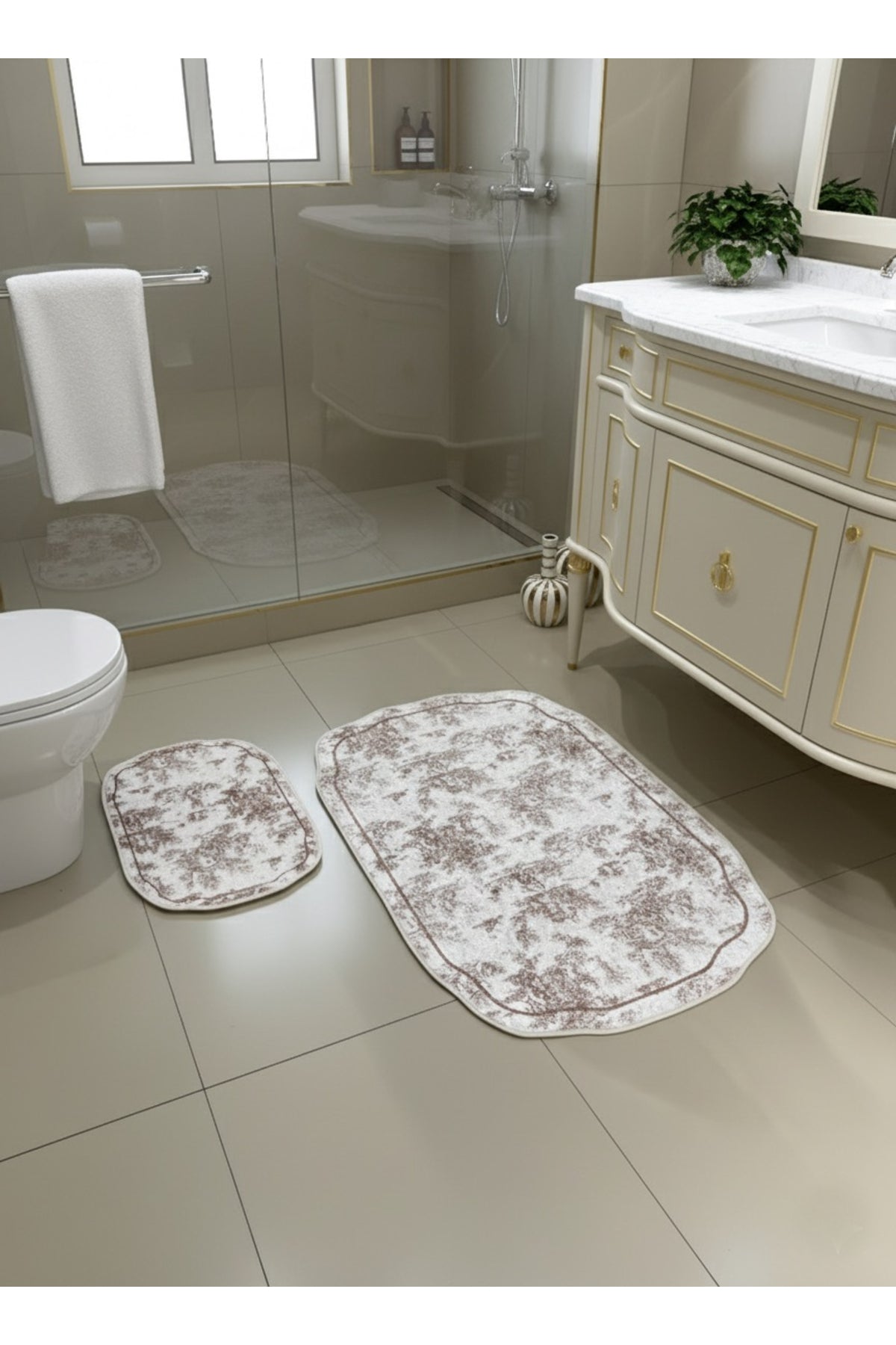 Toile de Jouy Themed Single Latex Base Bathroom Mat (80X120)