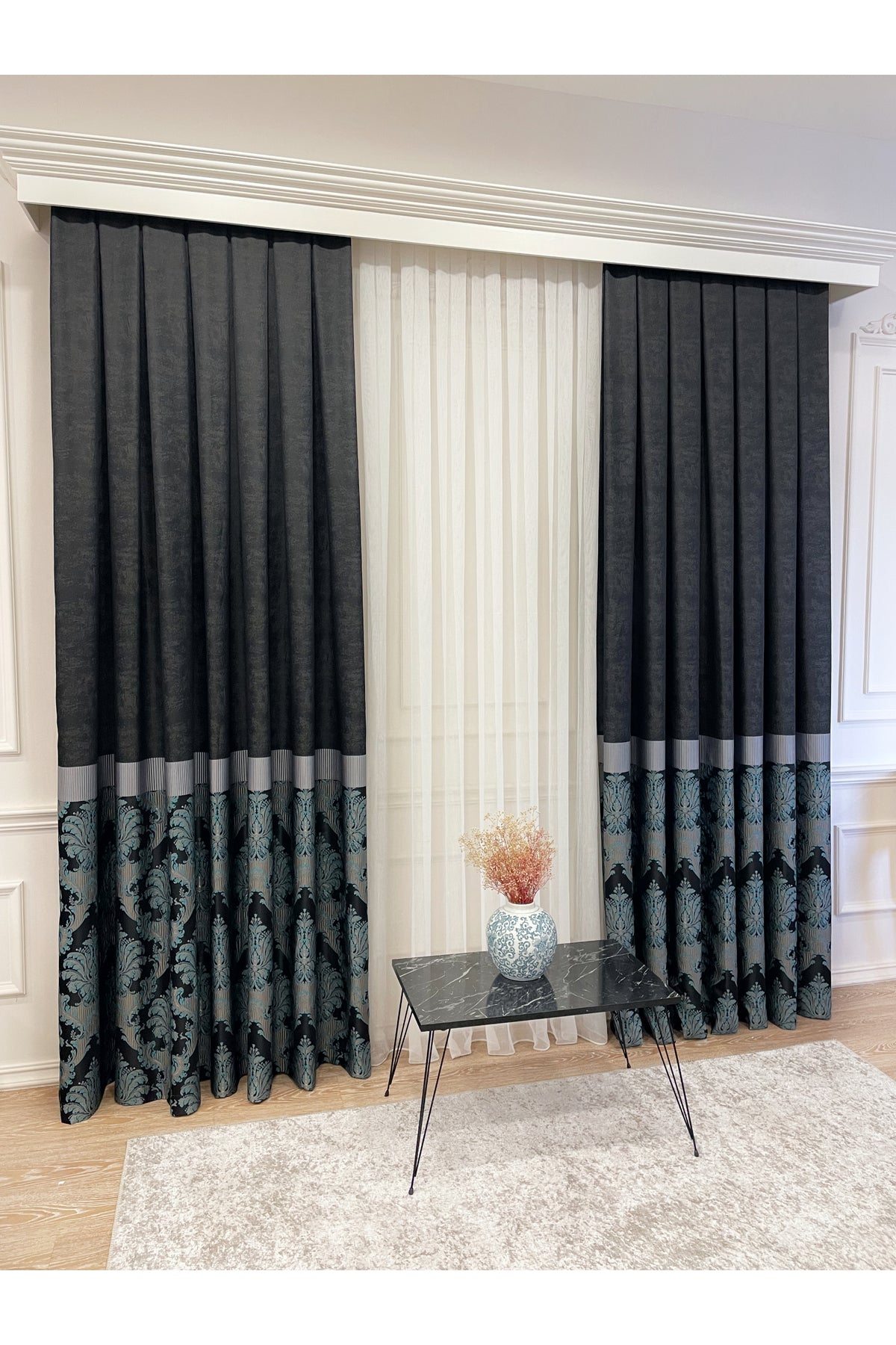 Gray Brown Damask Pattern Jacquard 1/3 Tight Pleat Jacquard Blackout Curtain