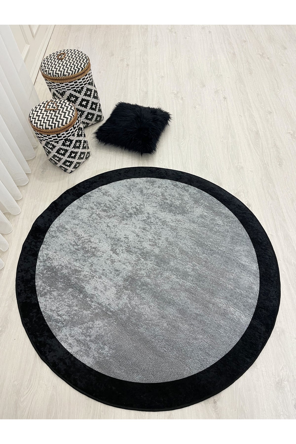 Jute-Look Washable Latex Base Round Rug - Beige Brown