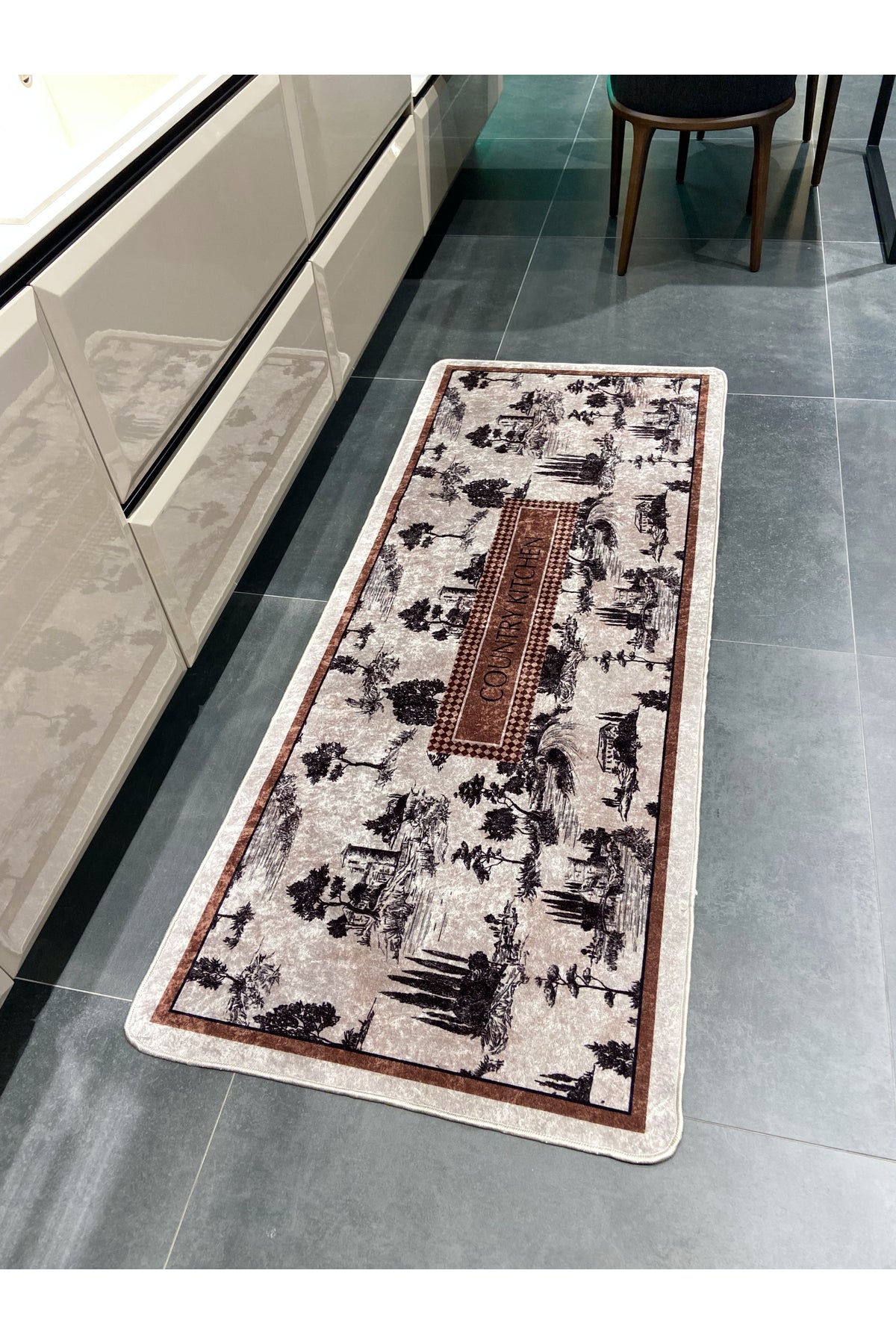 Country Patterned Latex Leather Base Kitchen Rug - Brown