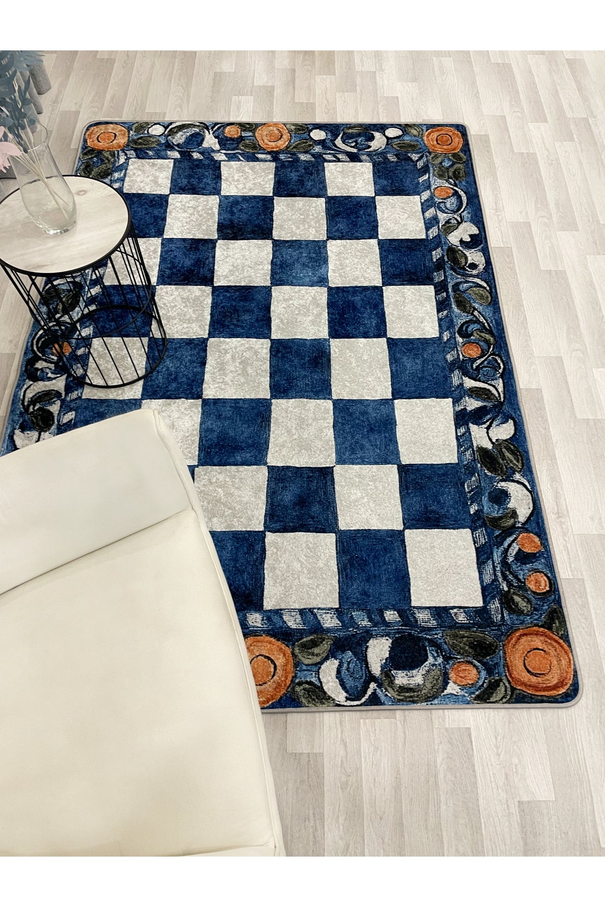 Beige Orange Checkered Pattern Non-Slip Base Kitchen Rug