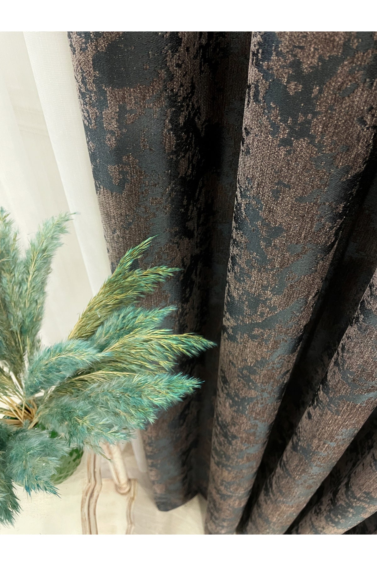 Brown-Navy Blue Chenille Pattern Jacquard 1/3 Dense Pleated Jacquard Blackout Curtain